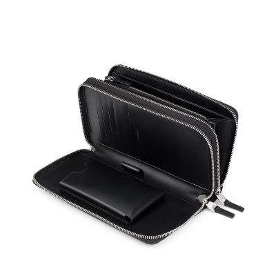 Burlington Double Zip Travel Wallet in black deerskin Smythson